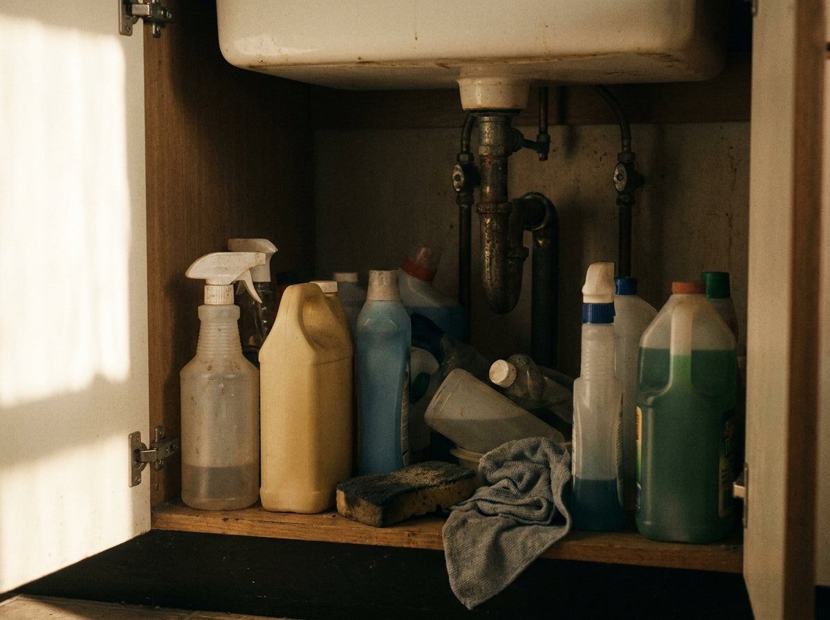 Under the sink: eleven bottles, most of them years old. She had stopped seeing them.