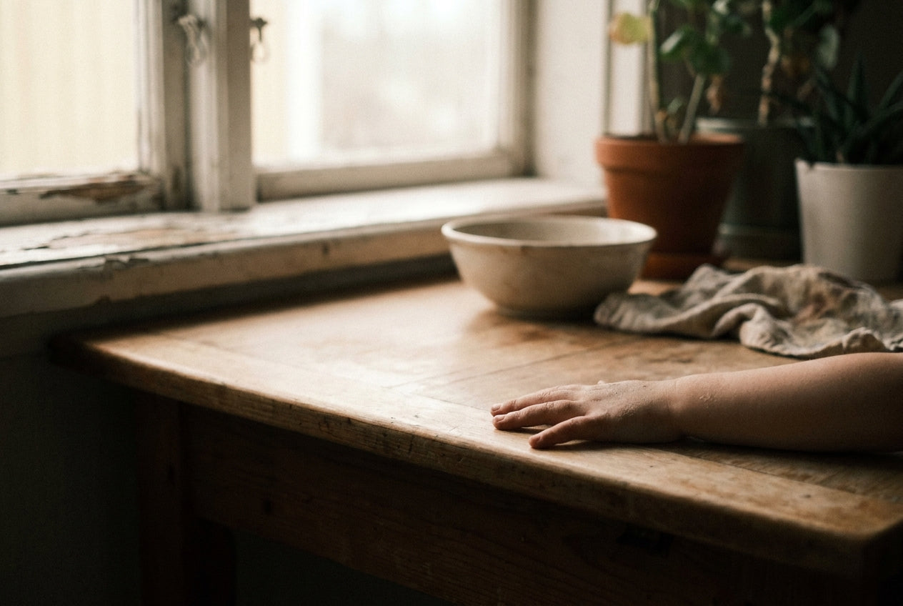 Hours after a wipe, the smell is gone and the film is not. It sits where the smallest hands in the house go first.