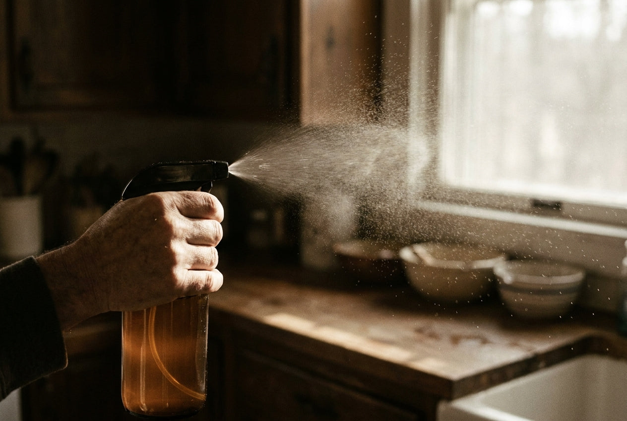 Mist from a single pull, caught in the light. Most of it settles on the counter. Some of it stays in the room, and in you.