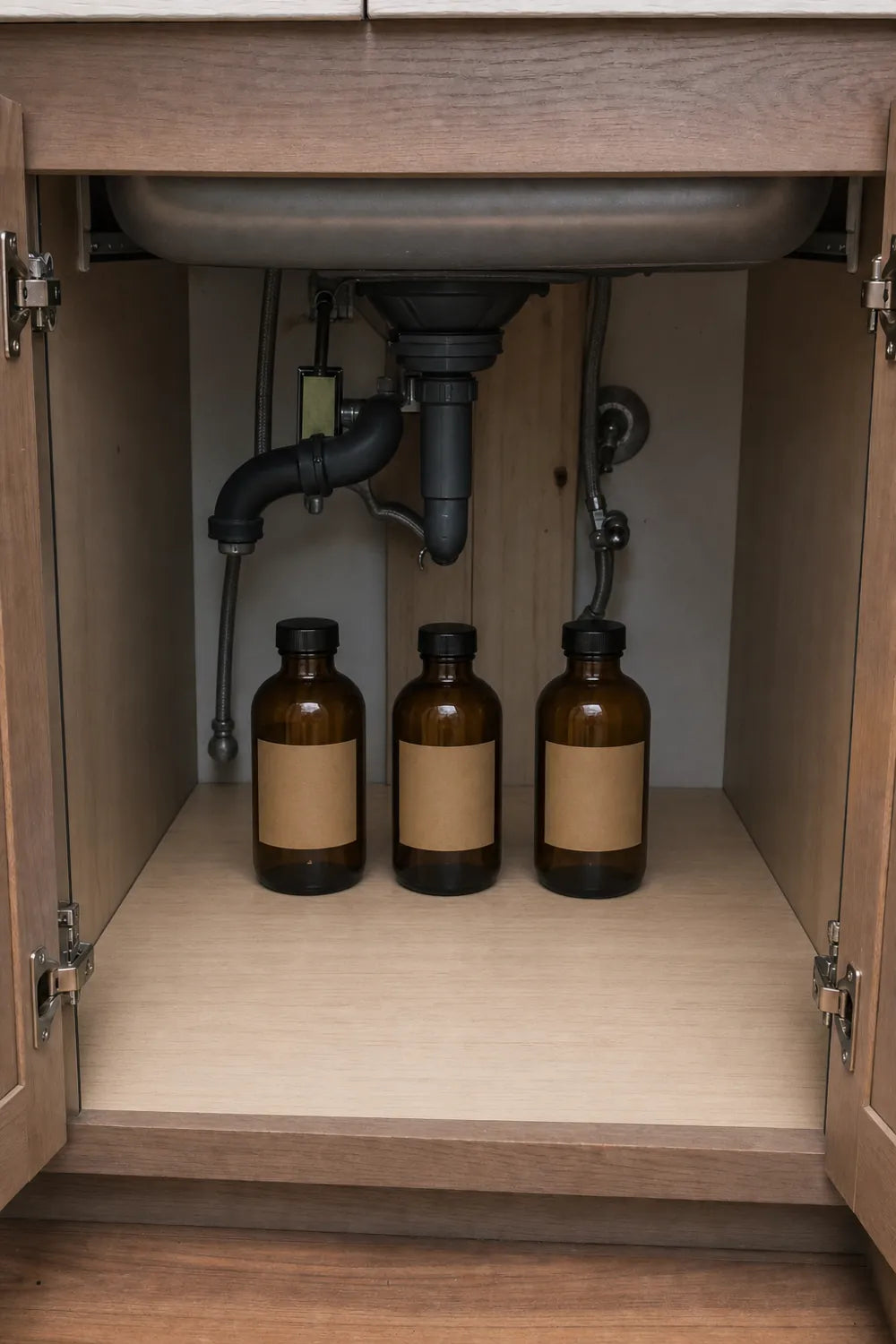 The same cabinet with three concentrate bottles