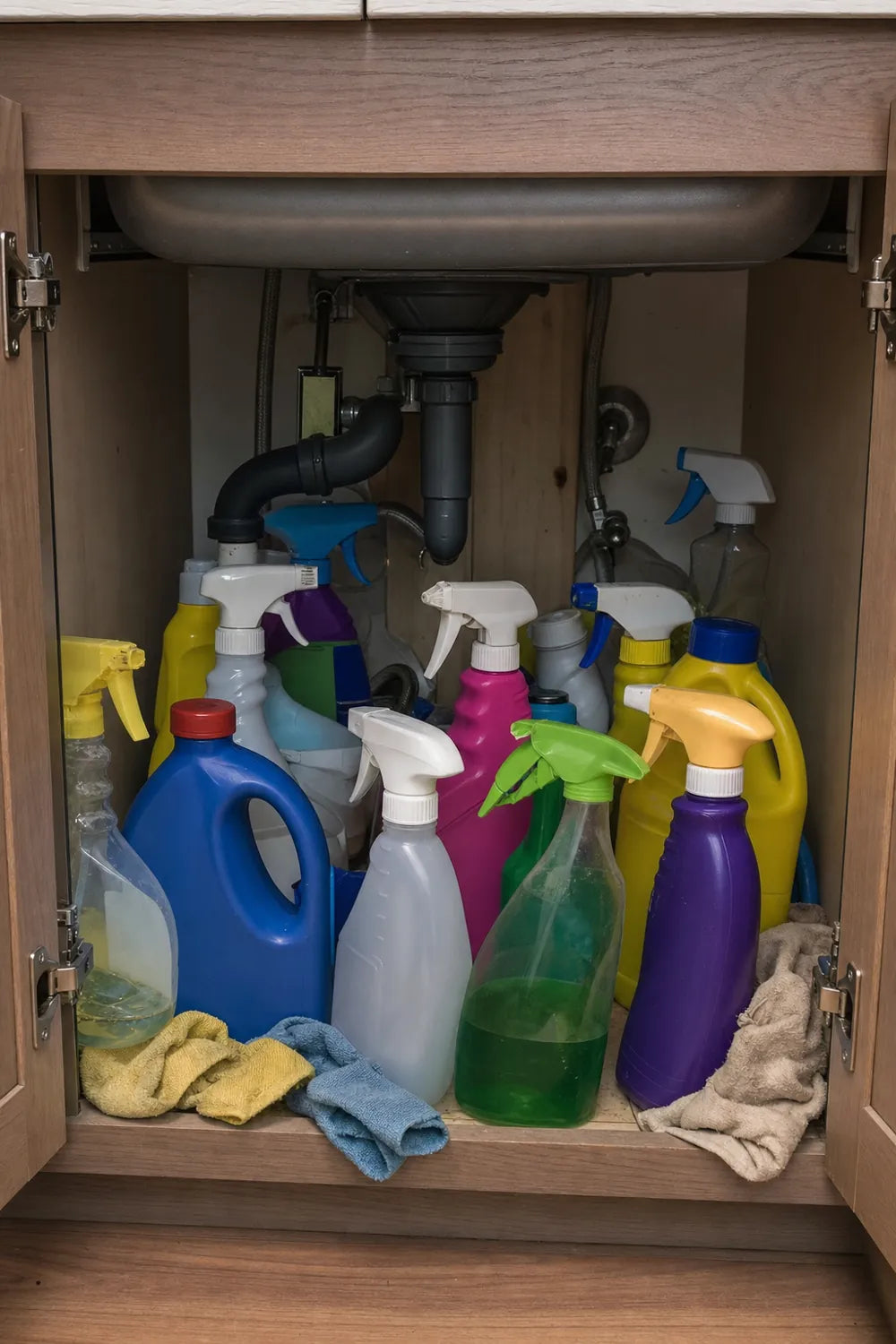 Cabinet crowded with eleven mismatched cleaning bottles