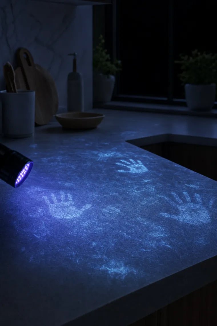 The same counter under a UV light, showing a pale film and handprints