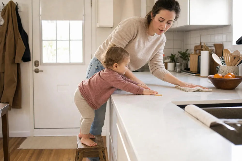 A mother wipes the counter while her toddler presses both hands flat on it and reaches for a cracker