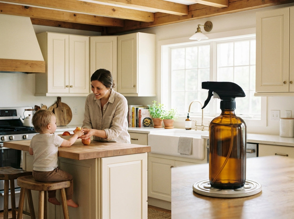 A few months in: a clean kitchen that just smells like nothing, one bottle on the counter.