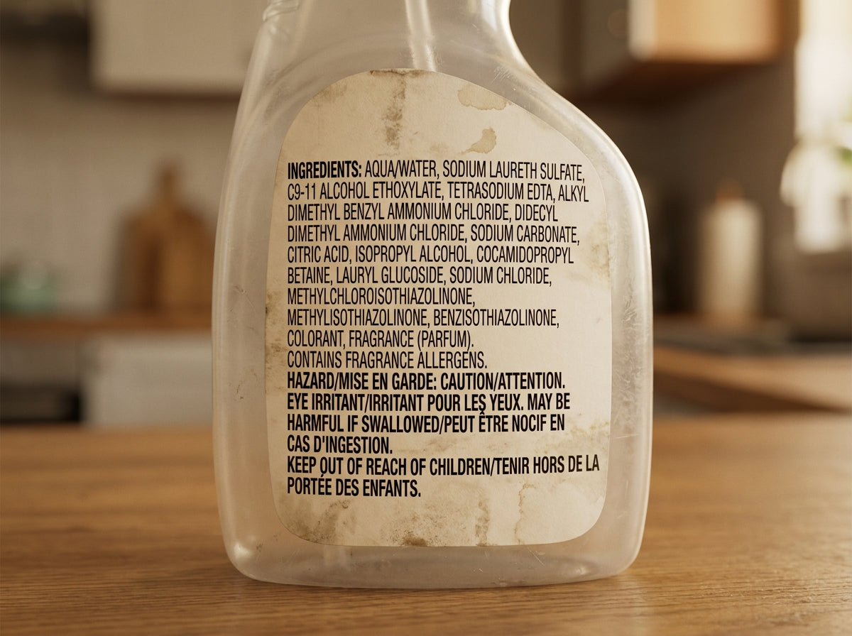 The back of a typical supermarket cleaner. The long list is what they disclose, and 'fragrance' stands in for the rest.